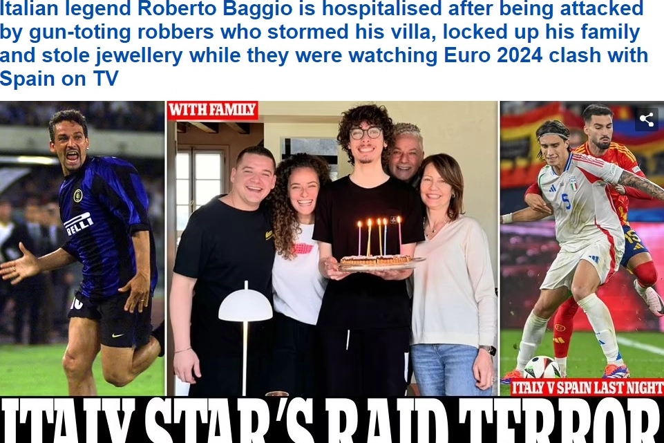 La notizia della rapina nella villa di Roberto Baggio sul Daily Mail