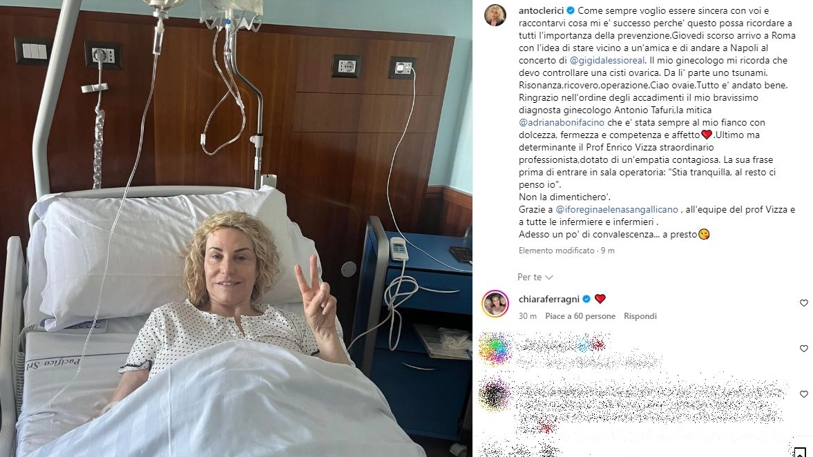 Antonella Clerici, la foto dal letto di ospedale e il post in cui racconta l'operazione alle ovaie