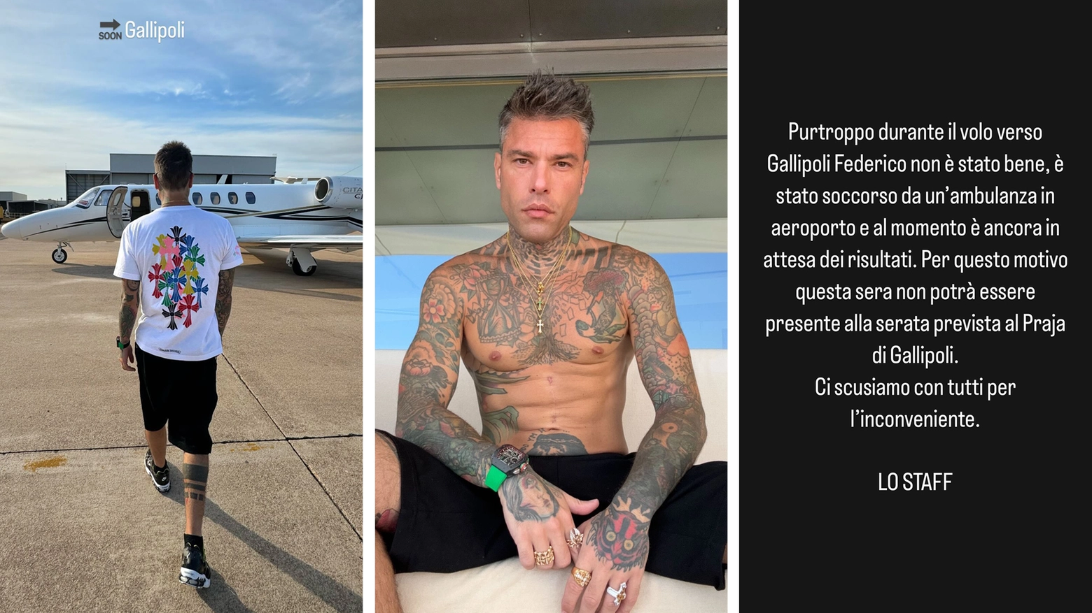 Le ultime storie pubblicate da Fedez, mentre sta per salire in aereo per Brindisi. A destra, il messaggio che informa del ricovero