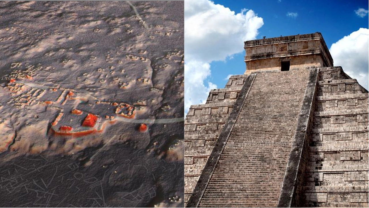 La ricostruzione 3D della città di Valeriana (Antiquity) e una piramide Maya (immagine d'archivio)