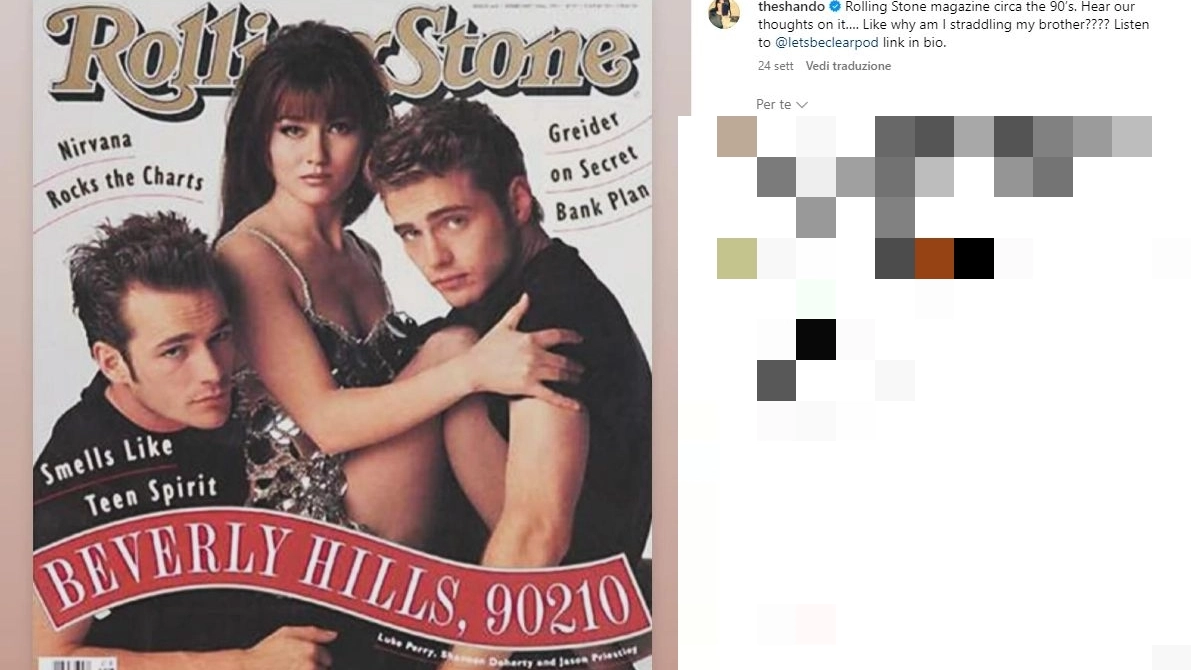 Shannen Doherty con i colleghi Luke Perry (a sinistra) e Jason Priestley sulla copertina di Rolling Stone