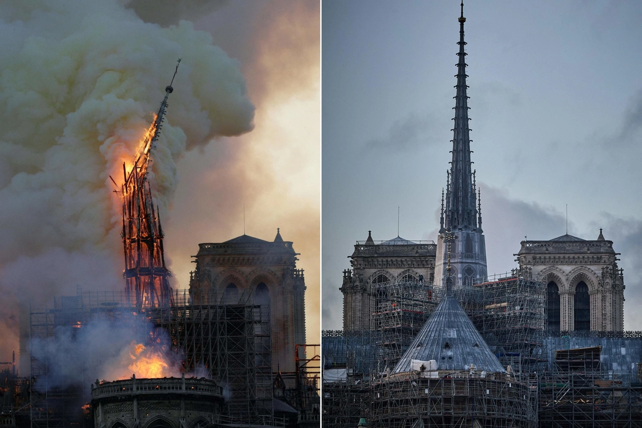 Sulla sinistra la cattedrale di Notre Dame di Parigi in fiamme il 15 aprile 2019. Sulla destra la cattedrale in ricostruzione. (ANSA)