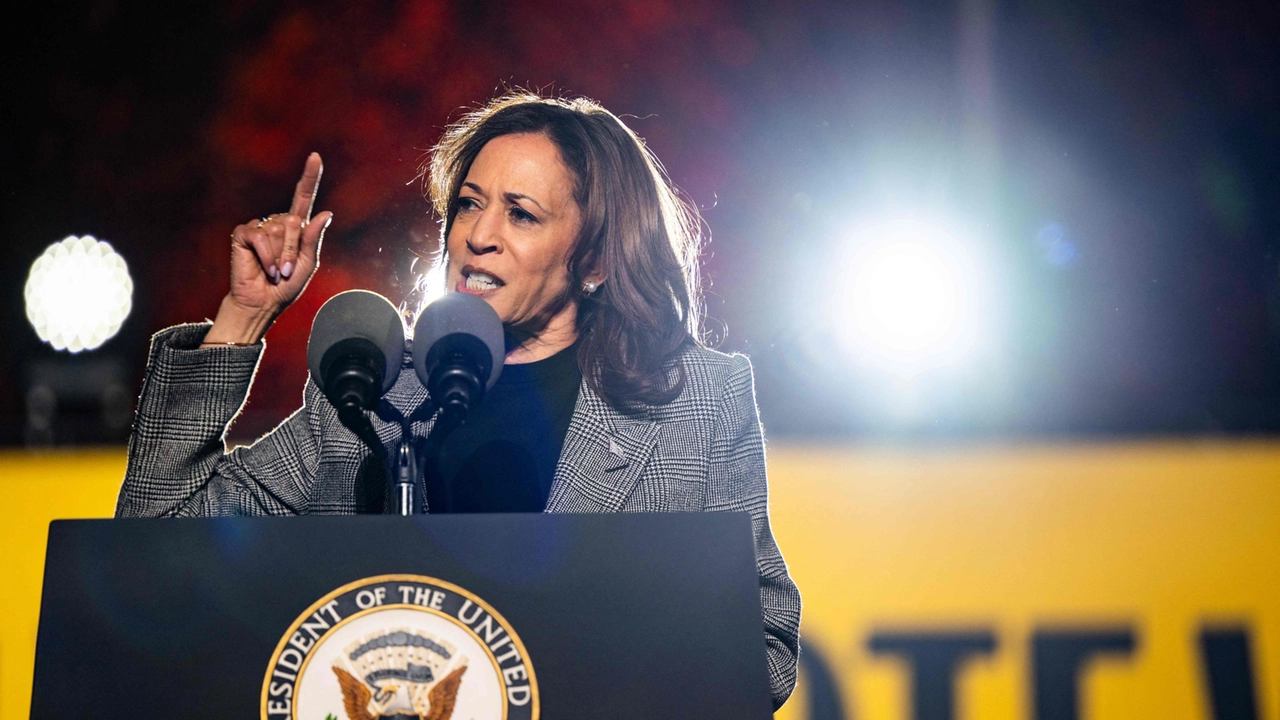 La vicepresidente Kamala Harris durante il comizio in Michigan di ieri (Getty Images via AFP)