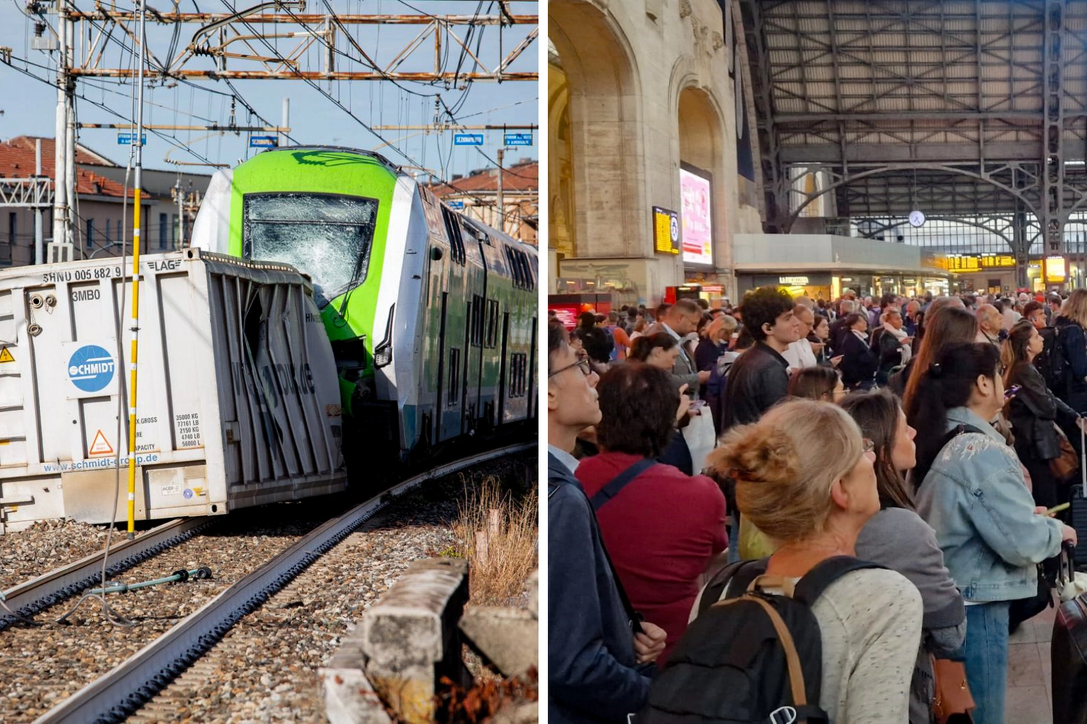 La locomotiva del regionale Trenord che si è scontrata contro il container nei pressi della stazione di Milano Greco Pirelli (Ansa/Davide Canella). A destra, i viaggiatori rimasti bloccati a Milano Centrale (Marianna Vazzana)