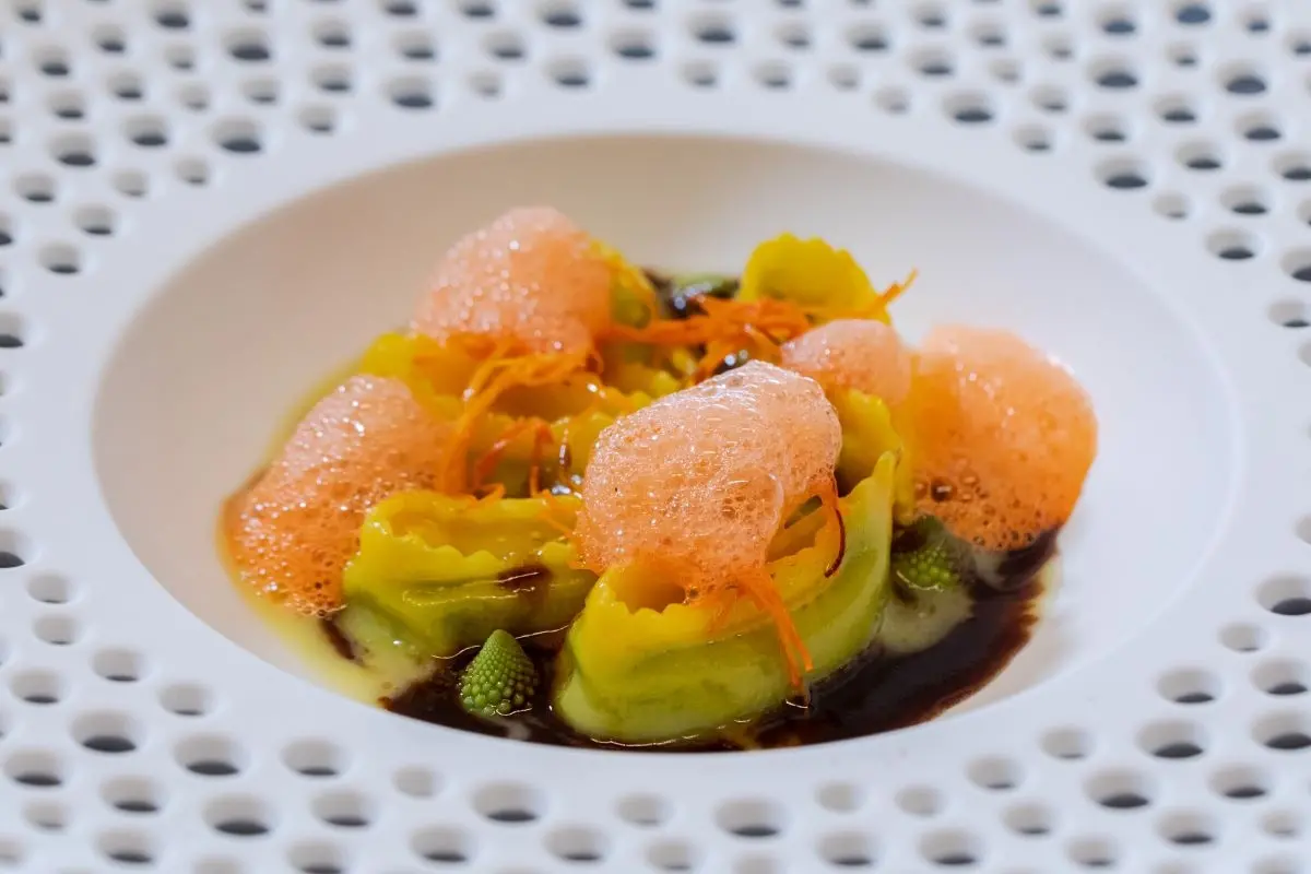 Doppio raviolo di melanzane e bufala campana con verdure