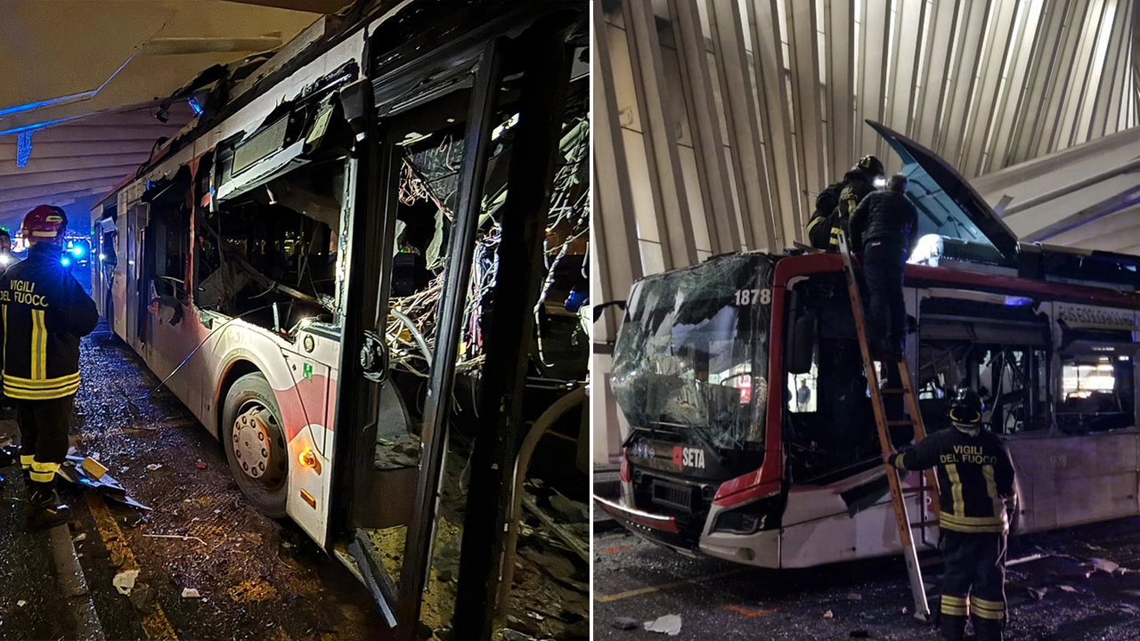 Bus si schianta contro la pensilina ed esplode davanti alla stazione Mediopadana di Reggio Emilia: due feriti