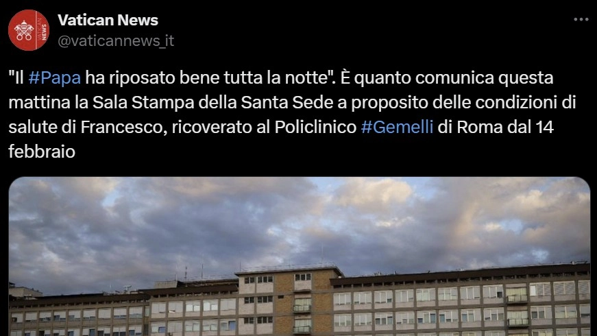  PAPA. SANTA SEDE: FRANCESCO HA RIPOSATO BENE TUTTA LA NOTTE /FOTO(FOTO 1 di 1)