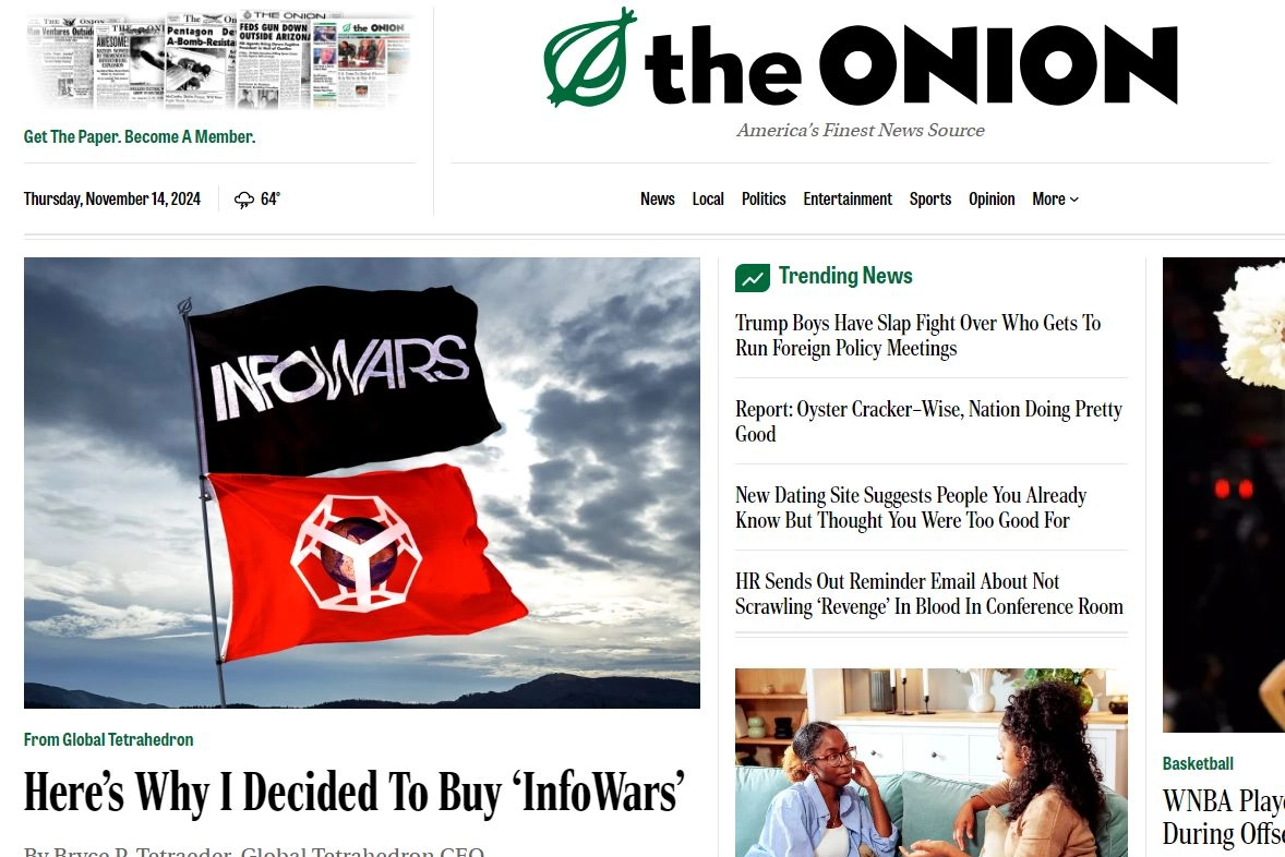 Il sito satirico americano The Onion si compra il sito complottista ed estremista di destra Infowars