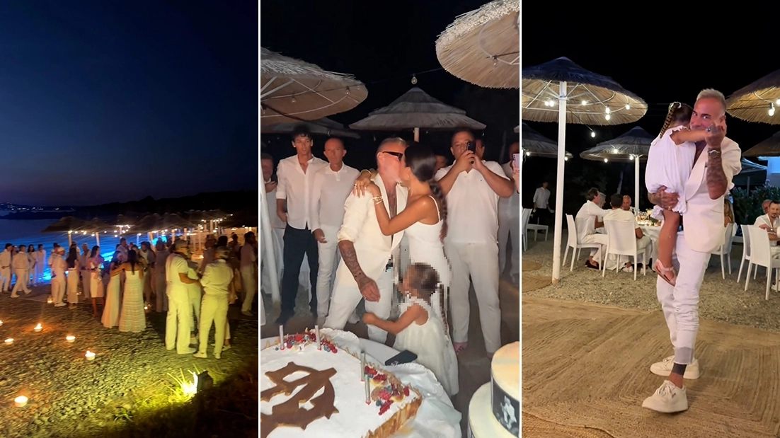 Da sinistra, il party esclusivo sulla spiaggia a Porto Rotondo, Vacchi bacia la fidanzata Sharon e l'influencer che 'danza' insieme alla figlia Blue Jerusalema (Foto da Instagram)