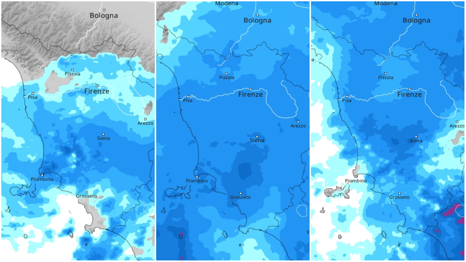 Il passaggio dell'ondata di maltempo in Toscana giovedì 3 ottobre (Modelli Meteo&Radar)