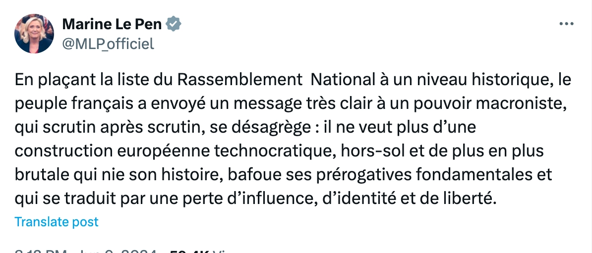 Il messaggio di le Pen su X