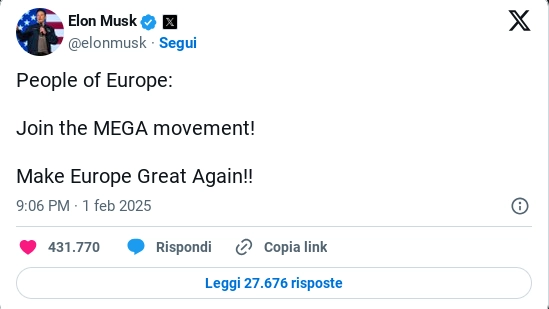 Il post di Elon Musk su X in cui lancia il Mega