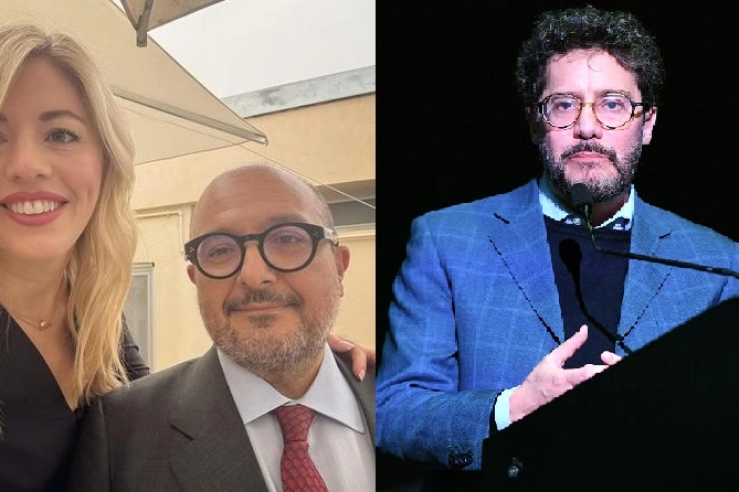 A sinistra Maria Rosaria Boccia e l'ex ministro Gennaro Sangiuliano, a destra Francesco Spano