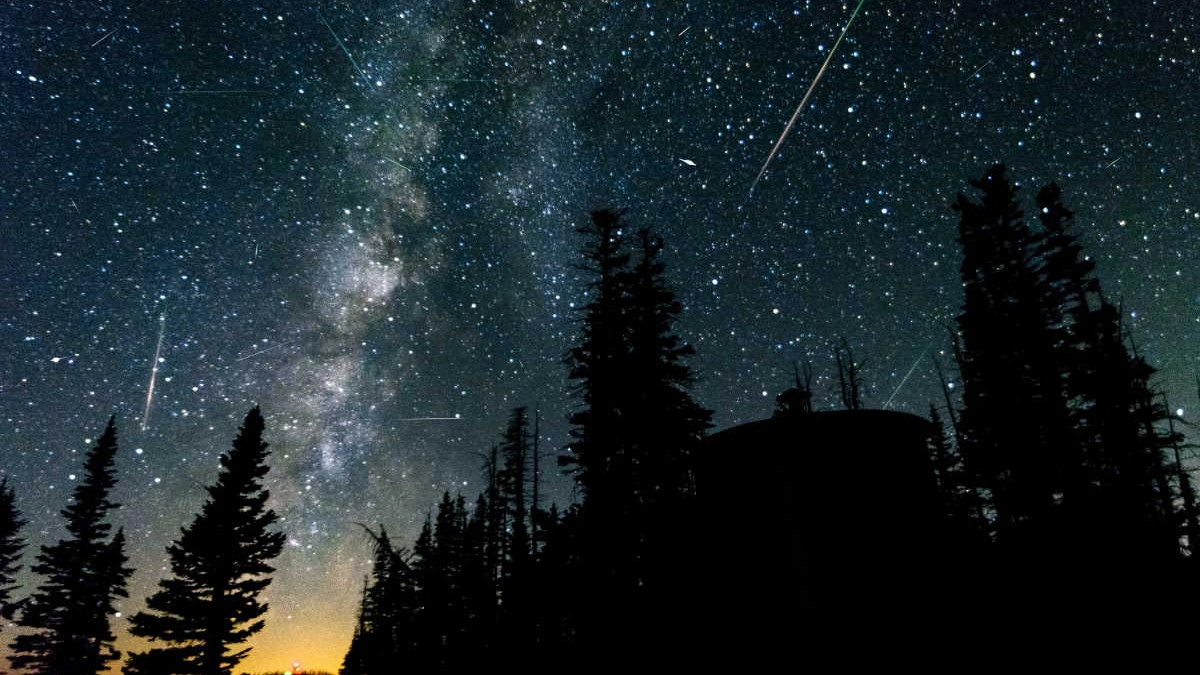 Una fotografia notturna scattata durante la notte di San Lorenzo mostra alcune stelle cadenti che solcano il cielo