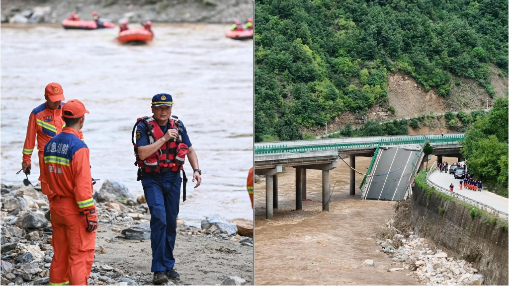 Il ponte crollato per l'acquazzone in Cina e le ricerche dei dispersi