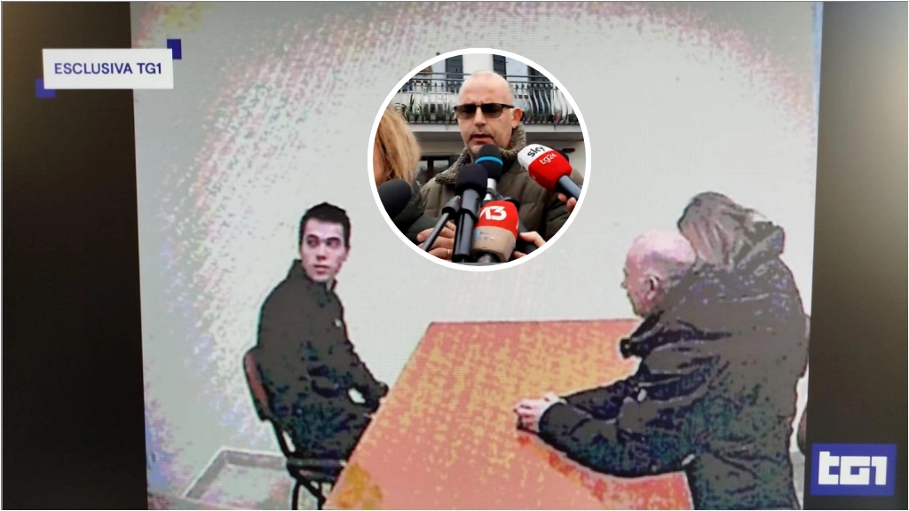 Uno screenshot del filmato di uno degli incontri tra Filippo Turetta e i genitori. Nel cerchio, il padre Nicola (Michele Galvan/Ansa)