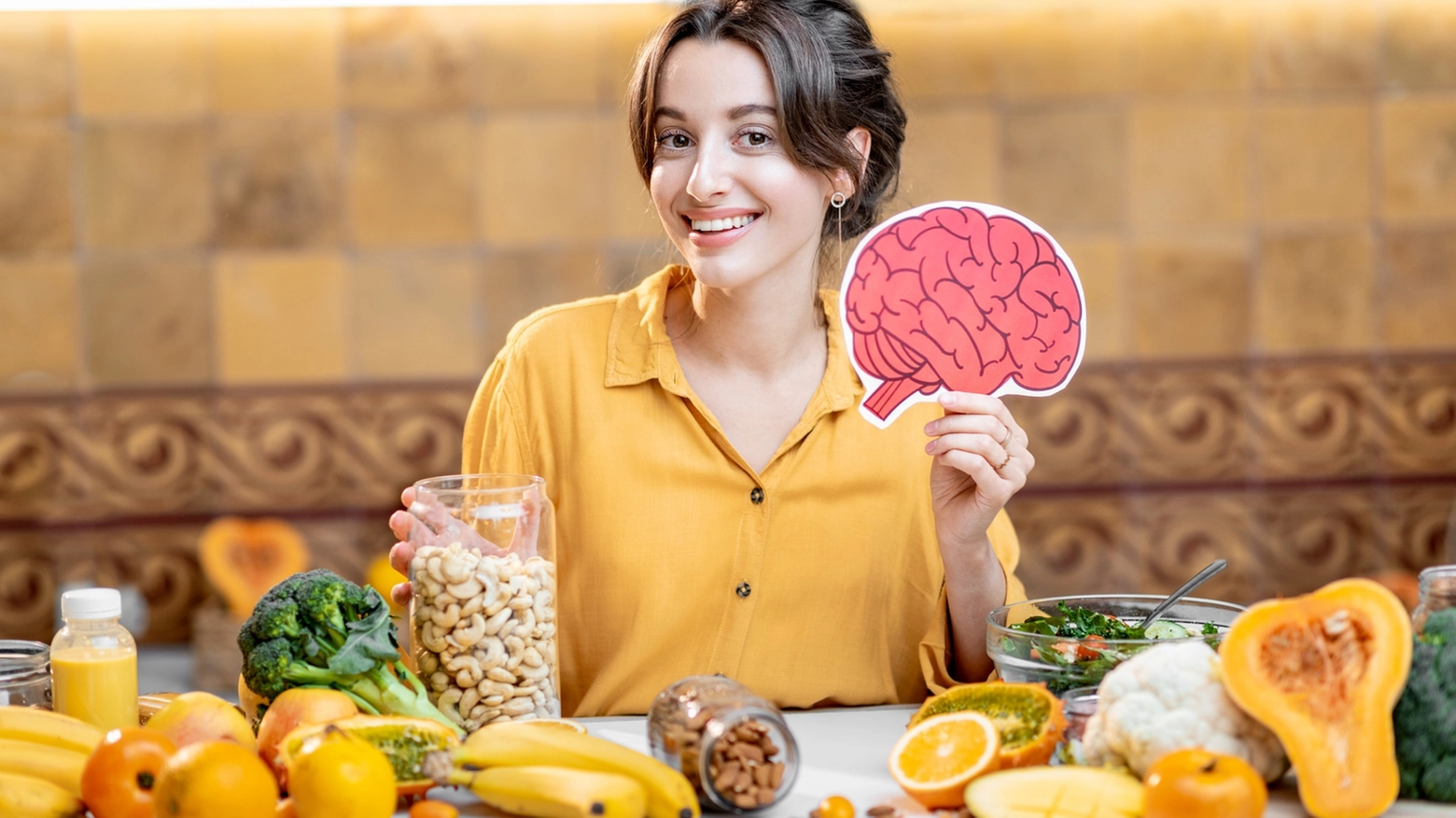 Human brain model and variety of healthy fresh food