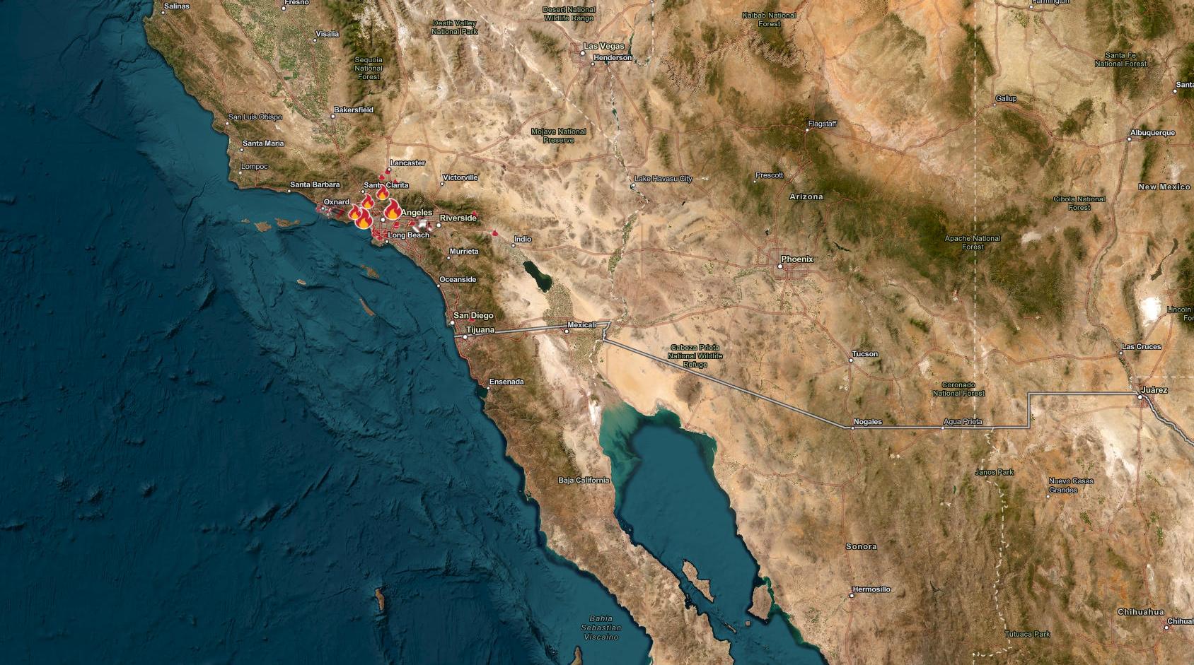 Incendi a Los Angeles: la vista satellitare più ampia (sito Cal Fire)