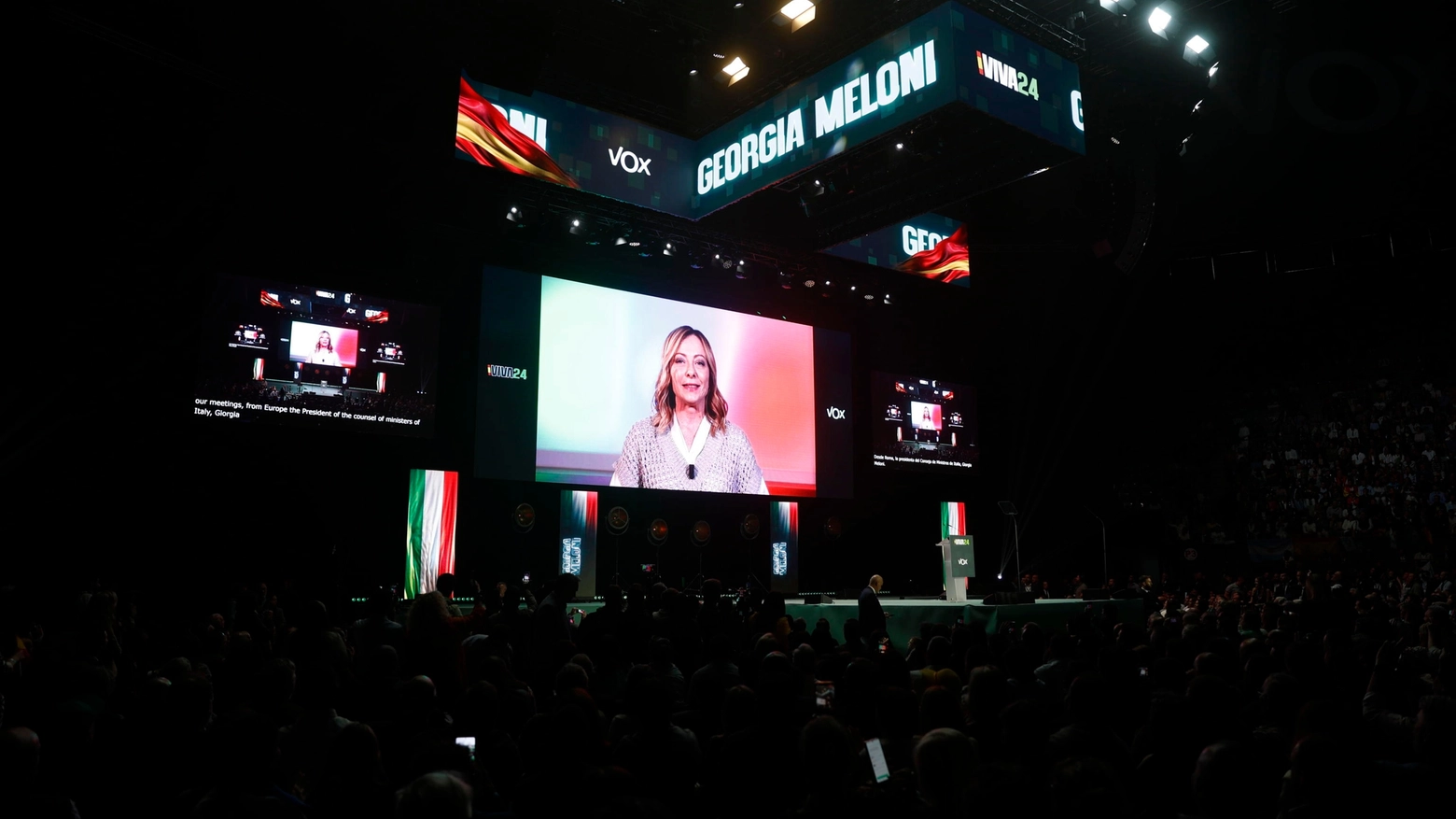 La premier italiana Giorgia Meloni durante il suo video intervento alla convention di Vox (Ansa)