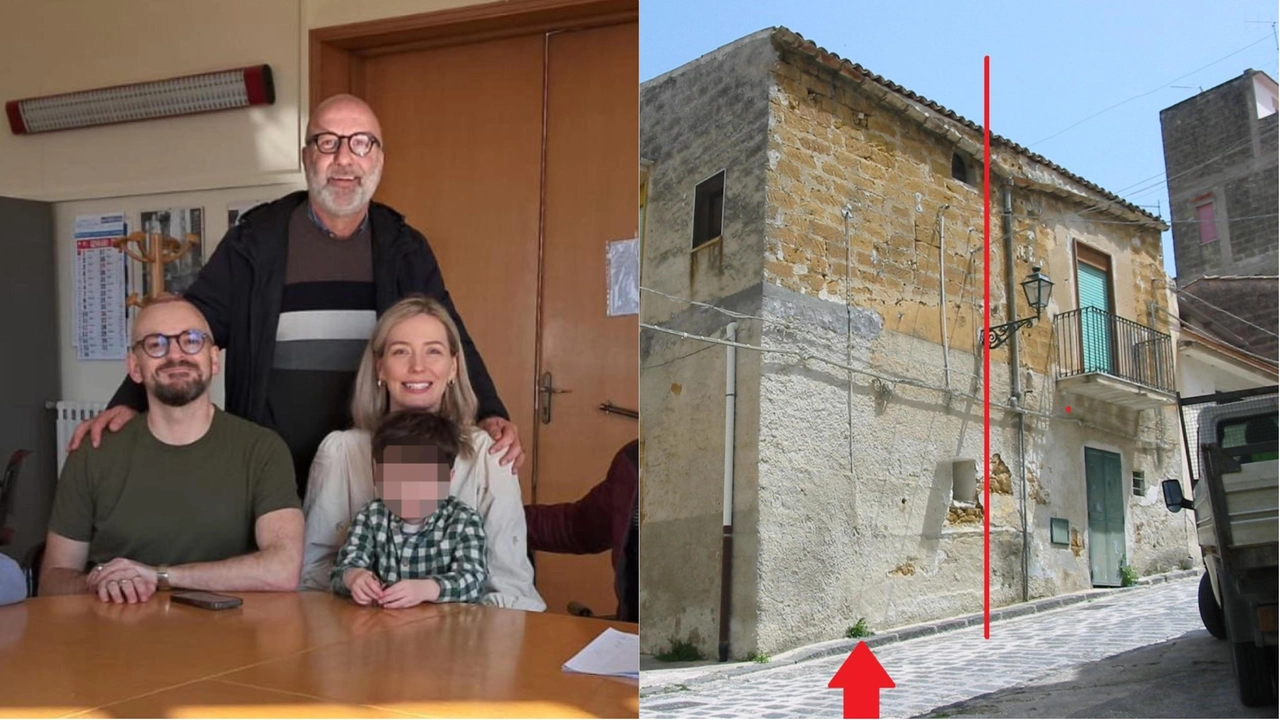 La famiglia inglese e il sindaco Giuseppe Cacioppo, a destra la casa venduta a 3 euro