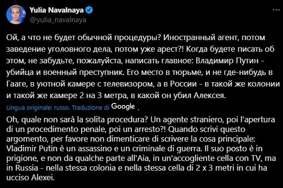 Yulia Navalnaya commenta su X la notizia del mandato d'arresto