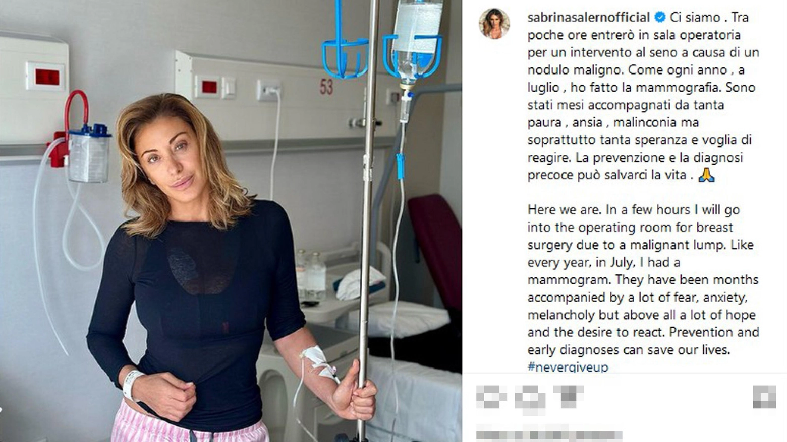 La showgirl Sabrina Salerno rivela su Instgram di avere un tumore al seno (Ansa)