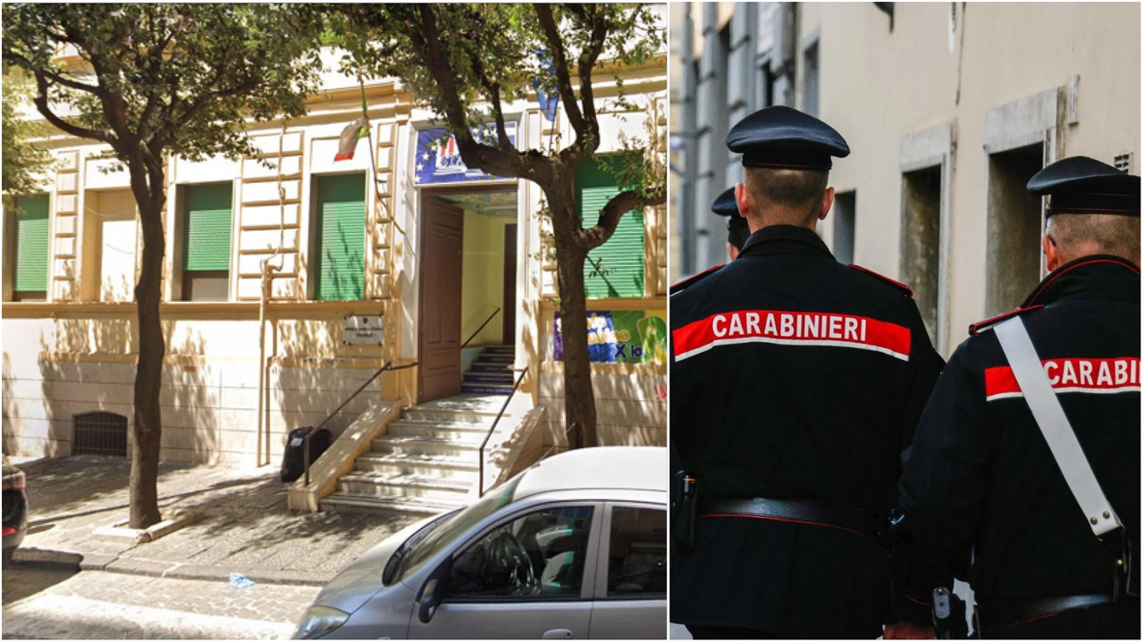 La scuola media luogo dell'aggressione (Ansa) e carabinieri (Fotoest)