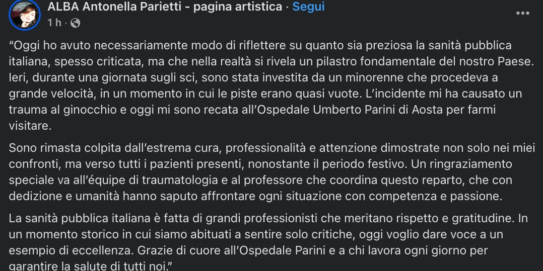 Il post di Alba Parietti sul suo profilo Facebook col quale racconta l'accaduto