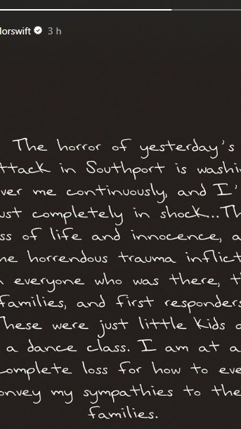 La storia pubblicata da Taylor Swift dopo la notizia dell'attacco a Southport
