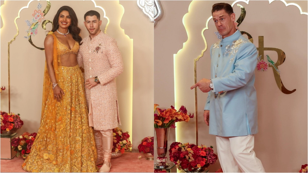 Il cantante Nick Jonas con la moglie Priyanka Chopra (sinistra) e il wrestler John Cena (destra) sul red carpet del matrimonio (Ansa)