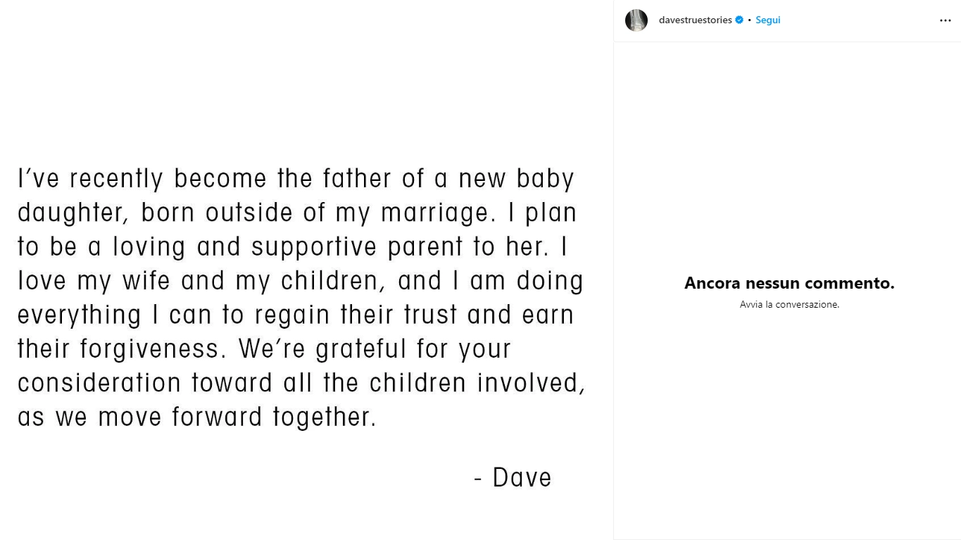 Il post pubblicato su Instagram da Dave Grohl che annuncia la nascita della figlia (Instagram, @davestruestories)