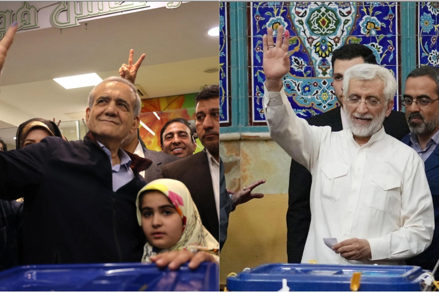 Il candidato riformista Pezeshkian (a sinistra) e l'ultraconservatore Said Jalili