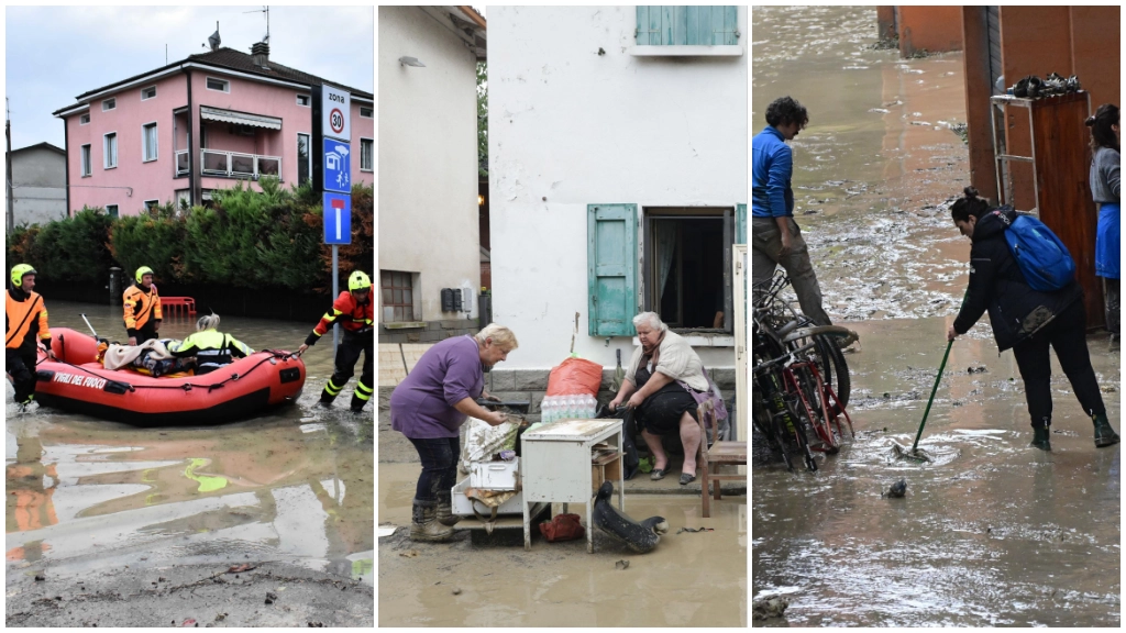 Le immagini dell'alluvione in Emilia Romagna: da sinistra i soccorsi a Reggio Emilia, al centro Val di Zena (Bologna) e a destra i residenti e i commercianti di via Andrea Costa (Bologna)