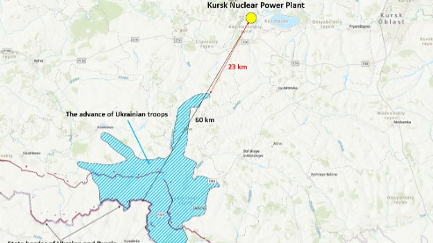 La mappa dell'area conquistata dagli Ucraini e le distanze in chilometri dalla centrale di Kursk (grafico associazione Bellona)