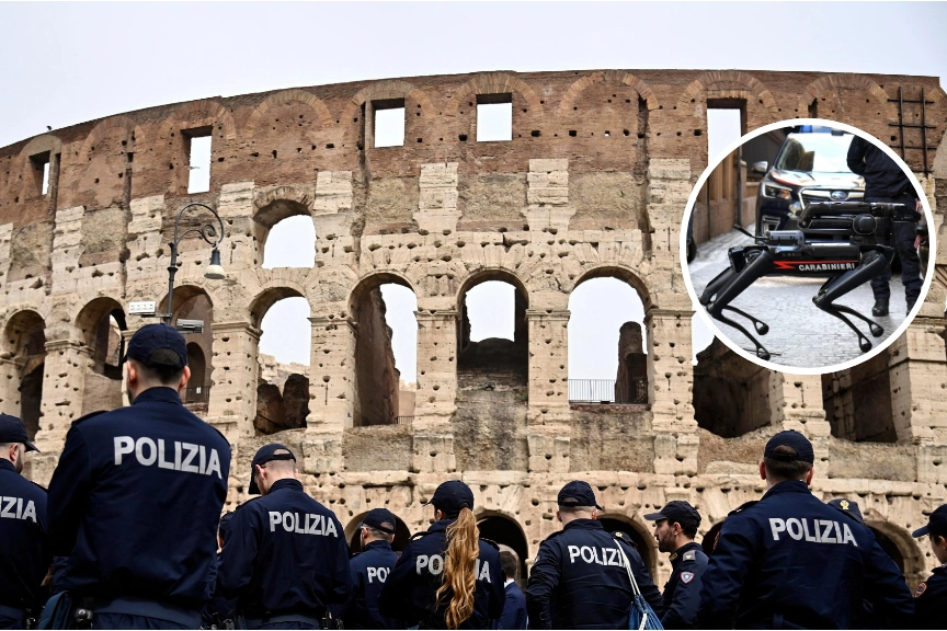 Le forze dell'ordine schierate al Colosseo e il cane robot Saetta dei carabinieri