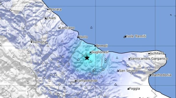 La mappa di intensità sismica (Ingv). L'area azzurra indica uno scuotimento da leggero a moderato