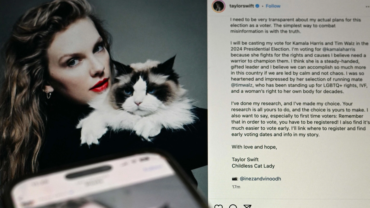 Con un post su Instagram, Taylor Swift ha annunciato pubblicamente che alle elezioni Usa voterà per Kamala Harris