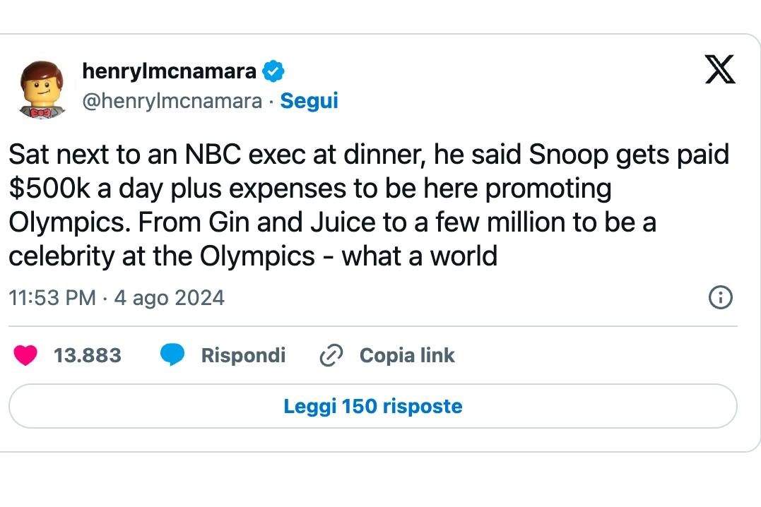 Il post apparso su "X" con il quale McNamara rivela il cachet astronomico percepito da Snoop Dogg per presenziare alle Olimpiadi di Parigi