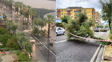 Tromba d’aria a Torre del Greco, piante abbattute e ombrelloni strappati dal vento: “Danni ingenti”