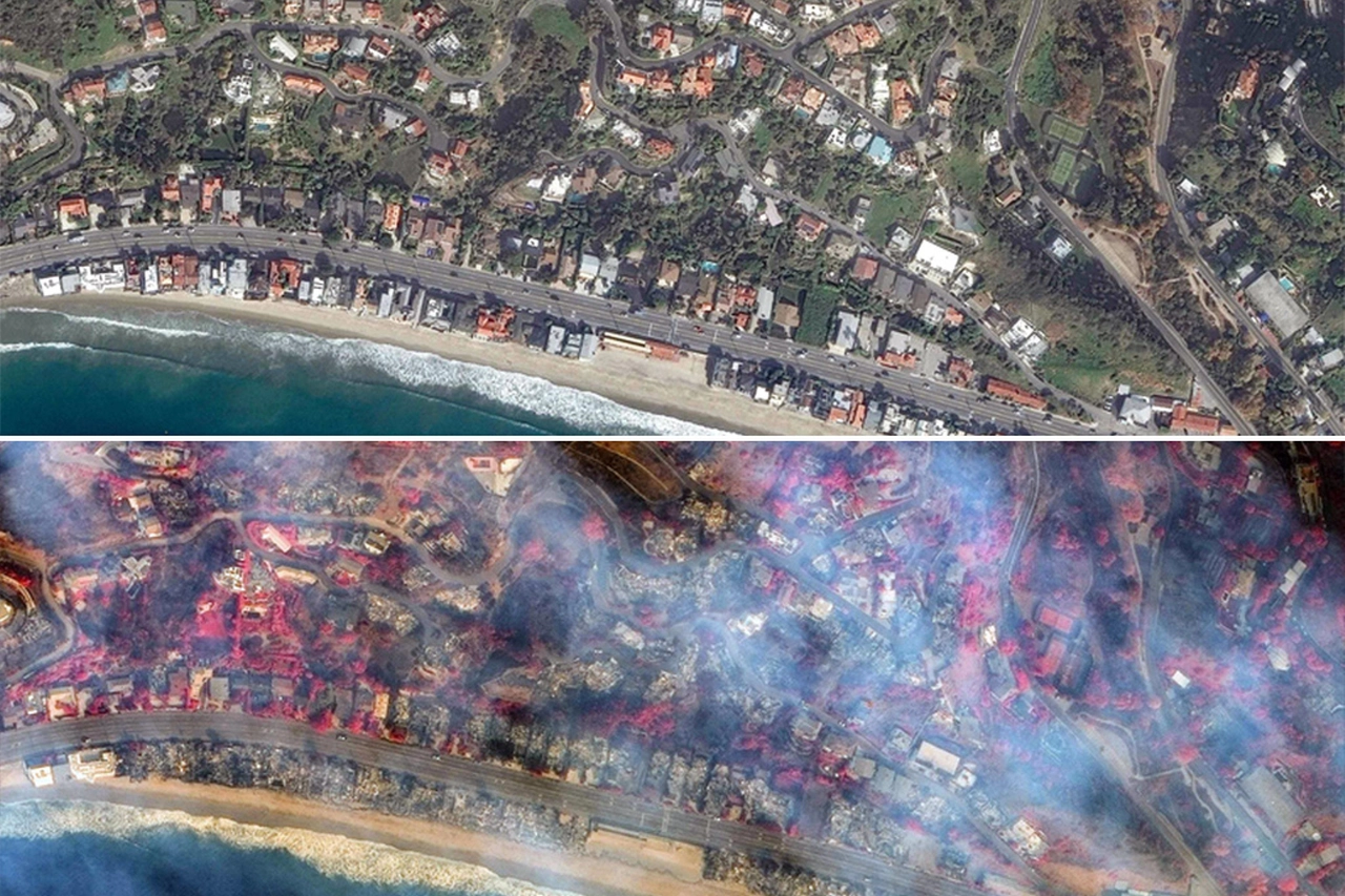 Una foto combo mostra la città di Los Angeles  prima e  dopo l'incendio che ha distrutto gran parte della città