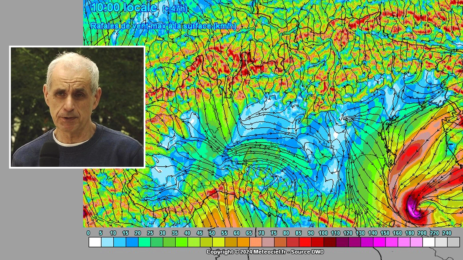 Pierluigi Randi, meteorologo e presidente Ampro (associazione meteo professionisti). A destra la previsione della raffiche di vento per la mattinata di venerdì; i colori tendenti al viola esprimono la possibilità di raffiche vicine ai 100 km/h, anche se in mare aperto