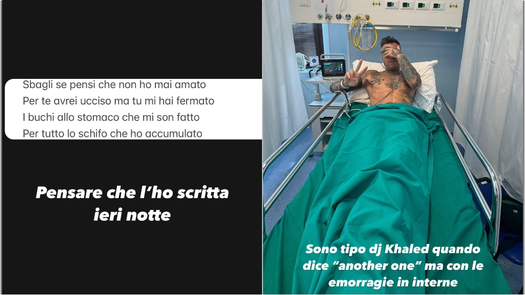 Due frame della storia pubblicata da Fedez dopo il ricovero per un'emorragia interna