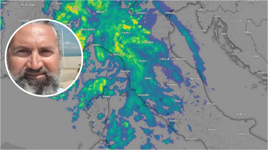 Si prepara un accumulo di piogge che cadranno nelle prossime ore in diverse zone dell'Emilia Romagna (RadarMeteo). Nel tondo il tecnico meteorologo Ampro Roberto Nanni