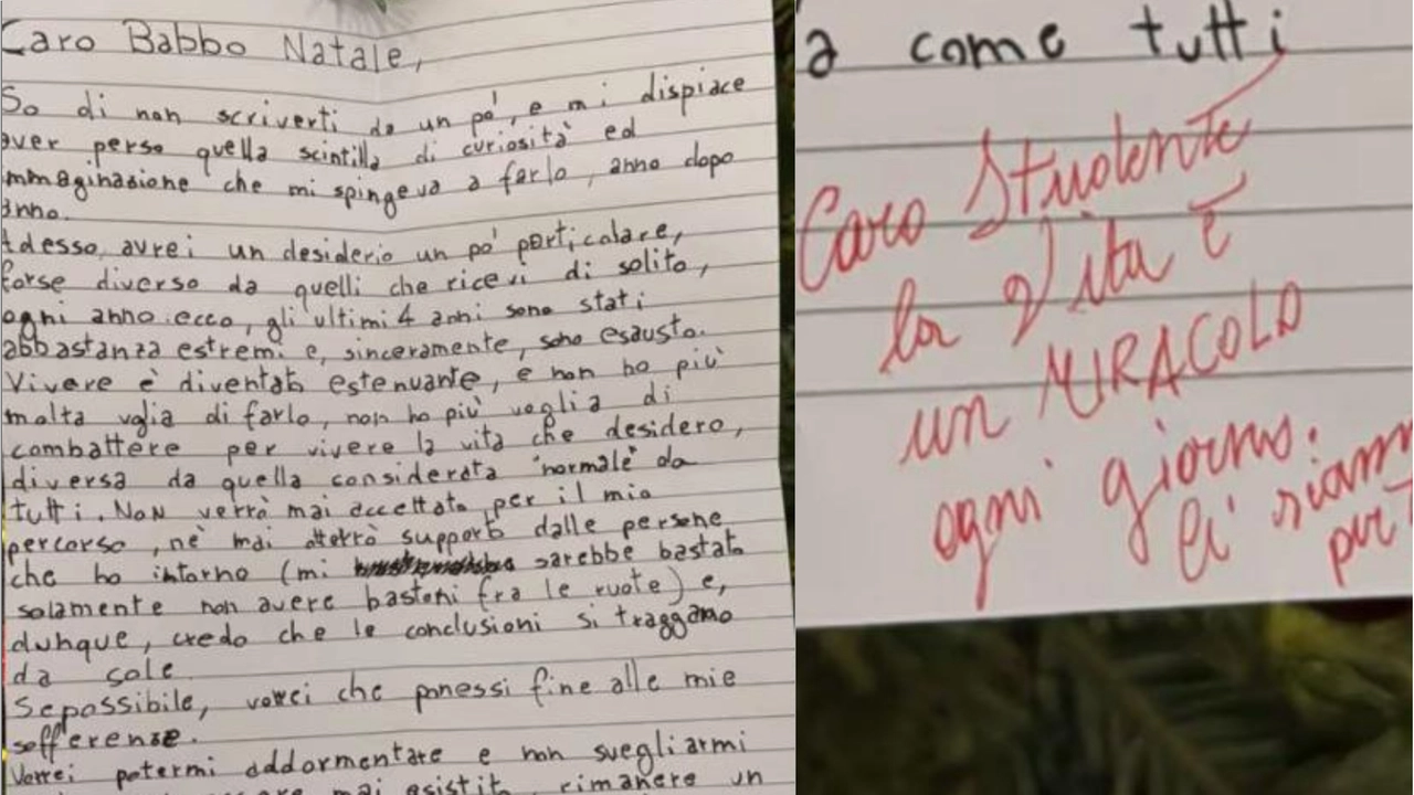 La lettera dello studente appesa all'albero di Natale allestito nell'atrio del Politecnico di Bari