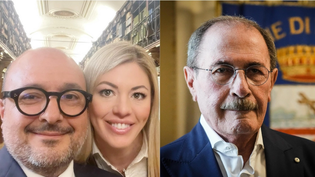 Gennaro Sangiuliano e Maria Rosaria Boccia. A destra, il sindaco di Pompei Carmine Lo Sapio (Ansa, Cesare Abbate)