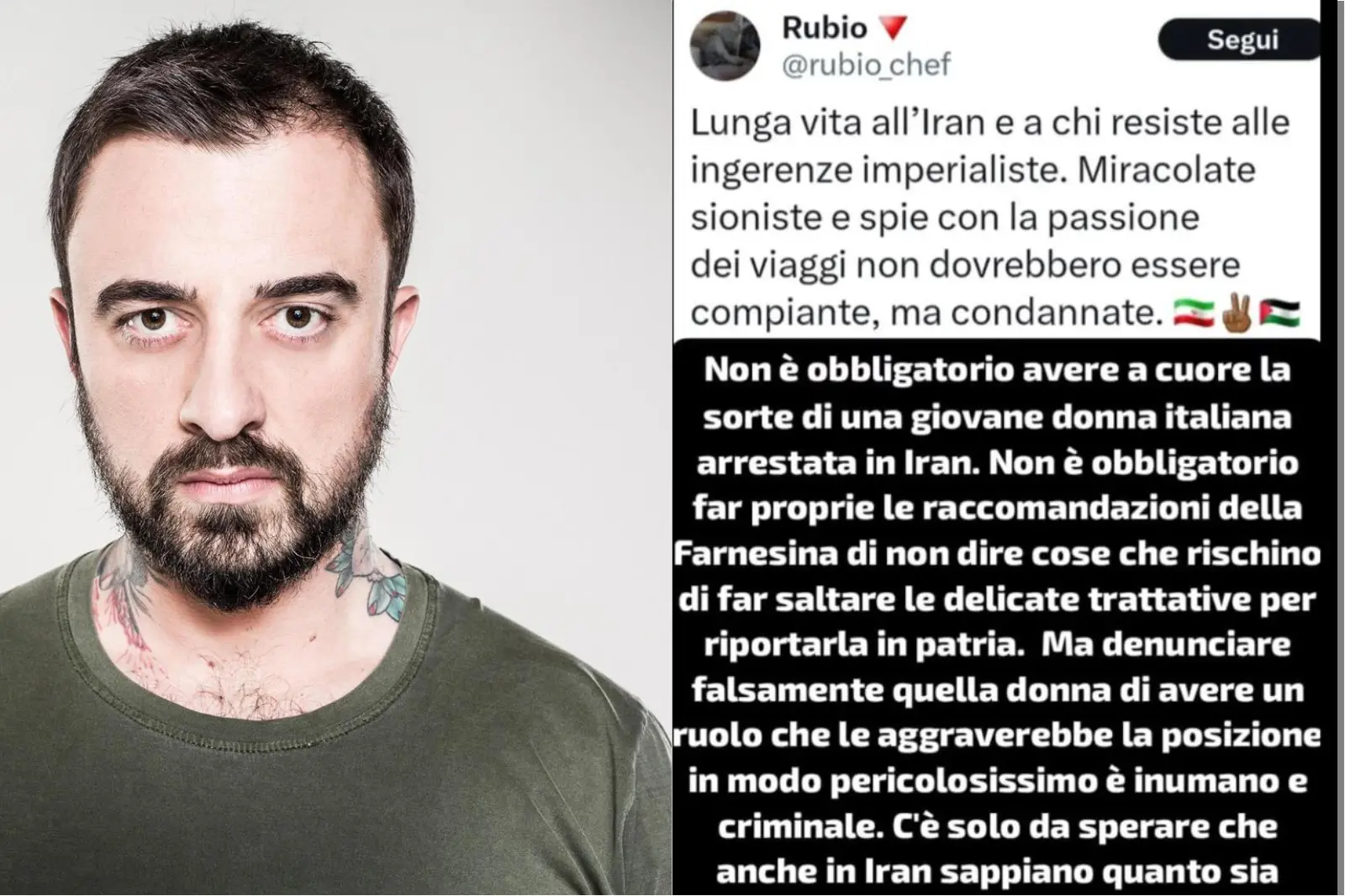 Chef Rubio, il post choc su Cecilia Sala che fa indignare Mentana: “Miserabile”