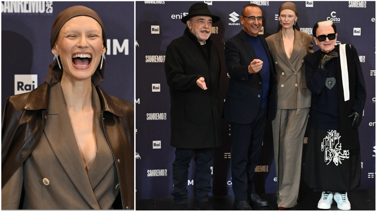 A sinistra la top model lodigiana Bianca Balti. A destra Nino Frassica, Carlo Conti, Bianca Balti e Cristiano Malgioglio, protagonisti della seconda serata del festival di Sanremo