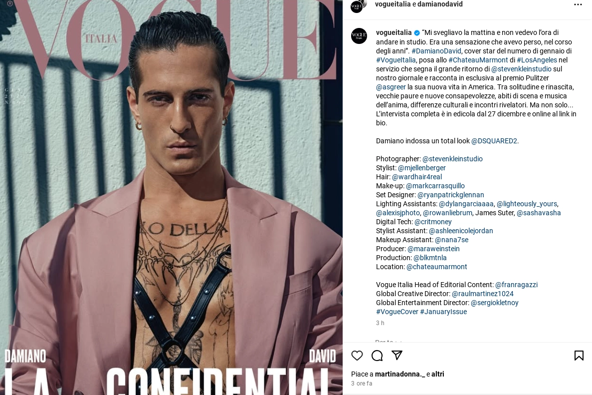 Damiano David sulla copertina del primo numero di Vogue Italia (Foto Is)