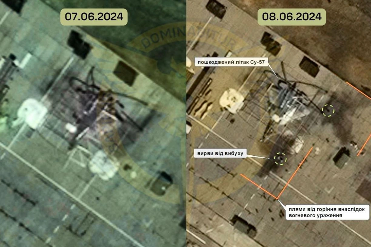 Le immagini satellitari diffuse dal GUR che mostrano il Su-57 prima e dopo il bombardamento