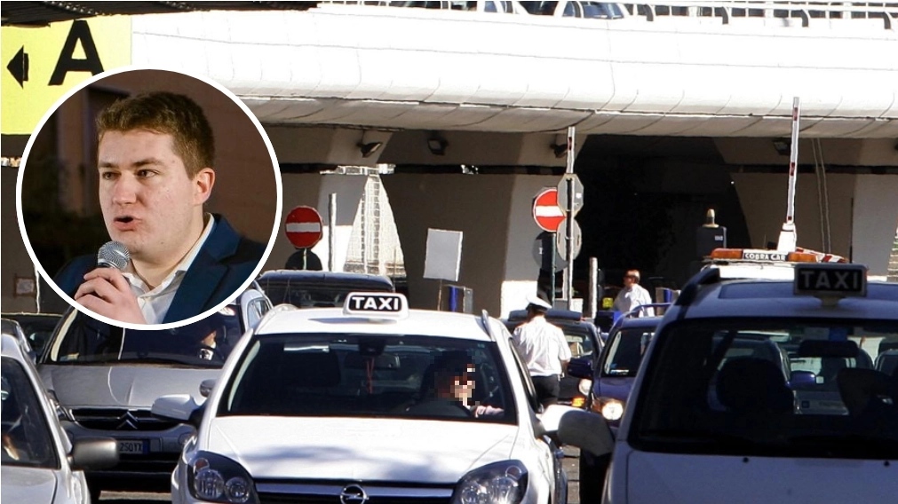 Taxi all'aeroporto di Fiumicino (Ansa). Nel cerchio, Matteo Hallissey (Facebook)